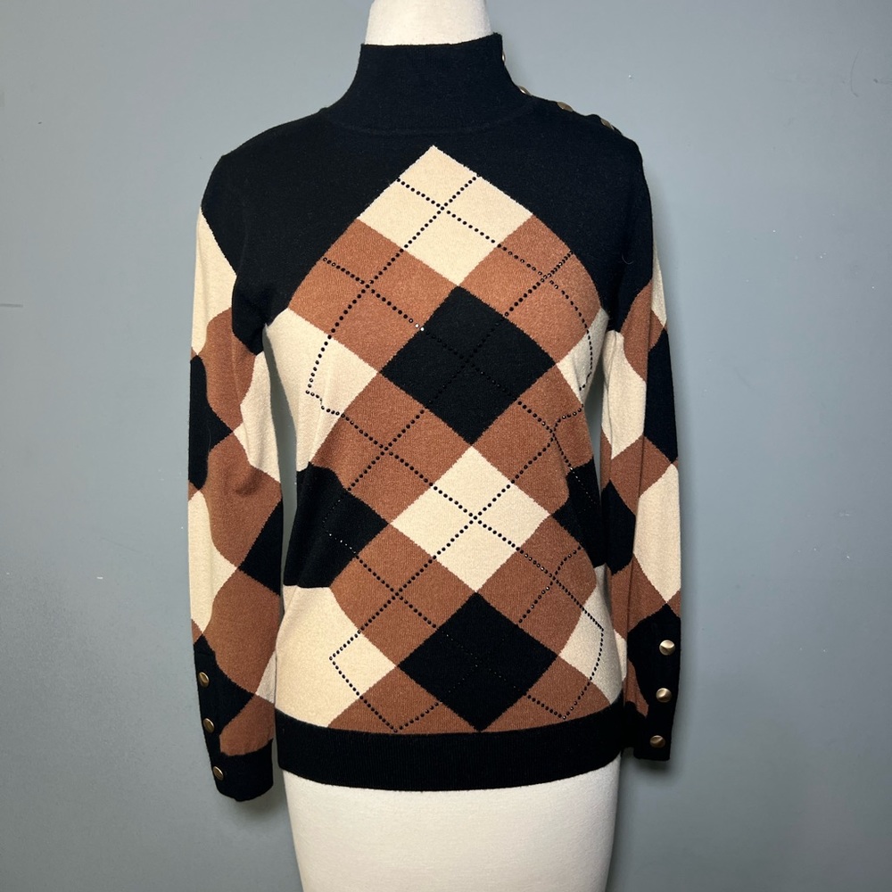 Leo & Ugo Black Multi Mock Neck Sweater with Beading and Buttons NWT